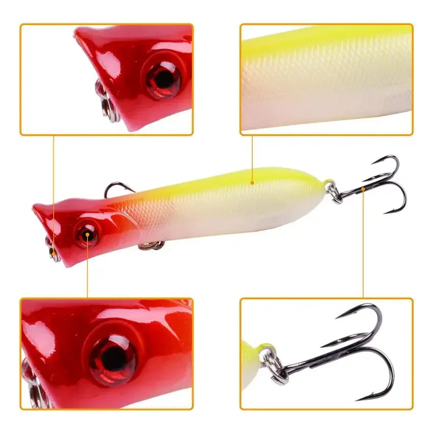 Señuelo Popper Flotante 8cm – 11g, Triple Anzuelo #6, Sonajero Interno